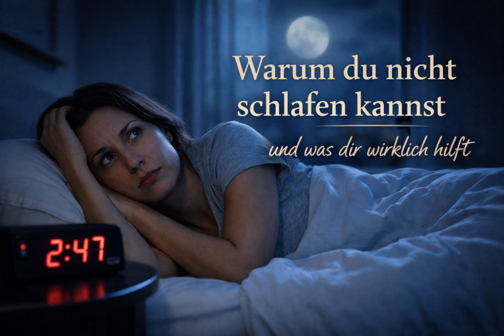 Warum du nicht schlafen kannst und was dir wirklich hilft. Eine Frau liegt mitten in der Nacht wach im Bett, der Mond scheint zum Fenster herein und der Radiowecker zeigt 2.47 Uhr an.
