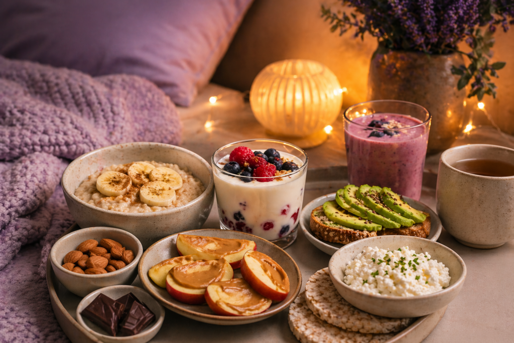 Das Foto zeigt verschiedene Snacks für den Abend, um besser schlafen zu können