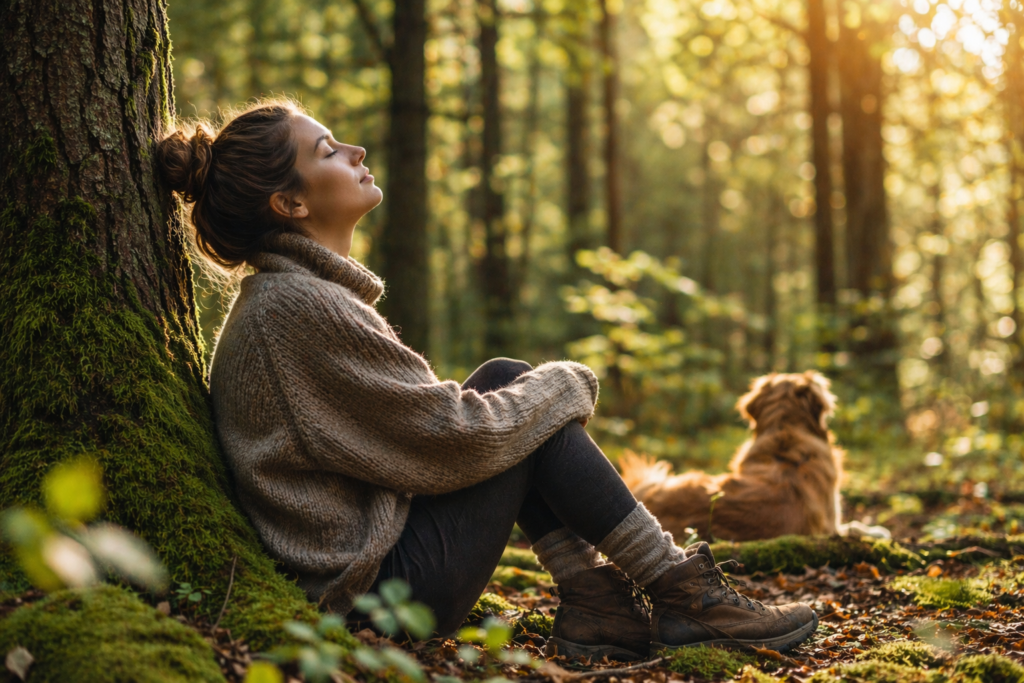 Ruhepause und Energie auftanken im Wald, dargestellt durch eine Frau, die an einem Baum gelehnt im Wald auf dem Boden sitzt, daneben liegt ein Hund und beide genießen die Ruhe und Natur