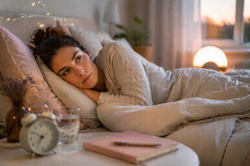 Eine Frau liegt morgens müde im Bett, obwohl sie eigentlich ausreichend viele Stunden geschlafen hat