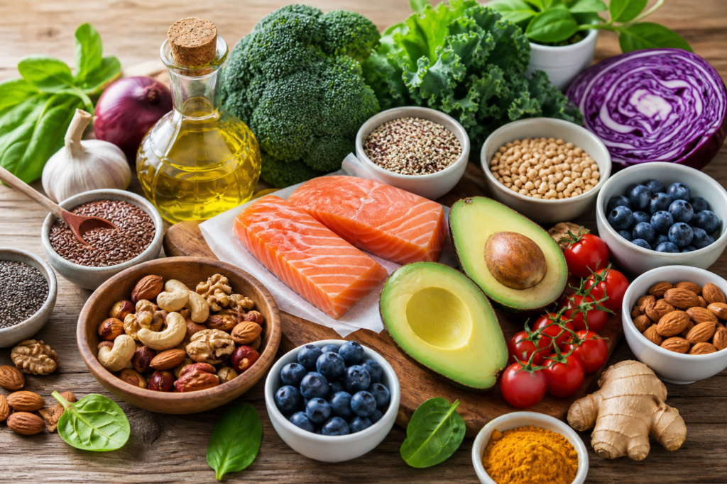 Entzündungshemmende Lebensmittel wie Avocado, Nüsse, Beeren, Lachs, gesunde Öle, grüne Blattgemüse und andere leckere Gesunde Lebensmittel sind auf dem Foto zu sehen