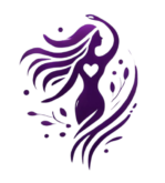 lila Logo eine Frau mit einem weißen Herz im Brustkorb und langen Haaren, daneben Blätter und Streifen