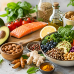 Eine Auswahl an Lebensmittel, die für die antientzündliche Ernährung empfohlen werden wie z.B. Ingwer, Kurkuma, Avocado usw.