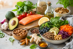 Eine Auswahl an Lebensmittel, die für die antientzündliche Ernährung empfohlen werden wie z.B. Ingwer, Kurkuma, Avocado usw.