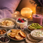Das Foto zeigt verschiedene Snacks für den Abend, um besser schlafen zu können