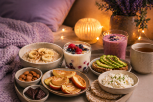 Das Foto zeigt verschiedene Snacks für den Abend, um besser schlafen zu können