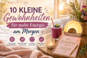 10 kleine Gewohnheiten für mehr Energie am Morgen, dargestellt durch einen leckeren gesunden Smoothie, ein Tageslichtwecker und ein Journal
