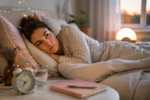 Eine Frau liegt morgens müde im Bett, obwohl sie eigentlich ausreichend viele Stunden geschlafen hat