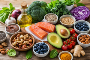 Entzündungshemmende Lebensmittel wie Avocado, Nüsse, Beeren, Lachs, gesunde Öle, grüne Blattgemüse und andere leckere Gesunde Lebensmittel sind auf dem Foto zu sehen